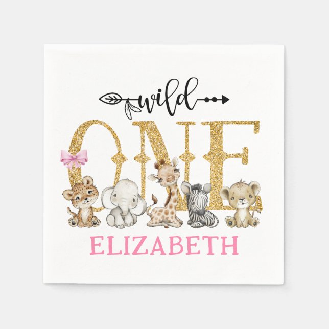 Guardanapo De Papel Wild One Safari Dourado Glitter Primeiro Aniversár (Frente)