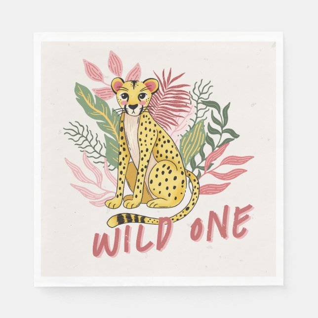 Guardanapo De Papel Wild One Safari Pink Cheetah Kids Birthday Party (Frente)