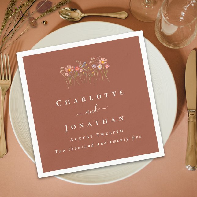 Guardanapo De Papel Wildflower Boho Fall Floral Custom Wedding (Elegant modern Wildflower boho fall floral terracotta Wedding custom napkin)