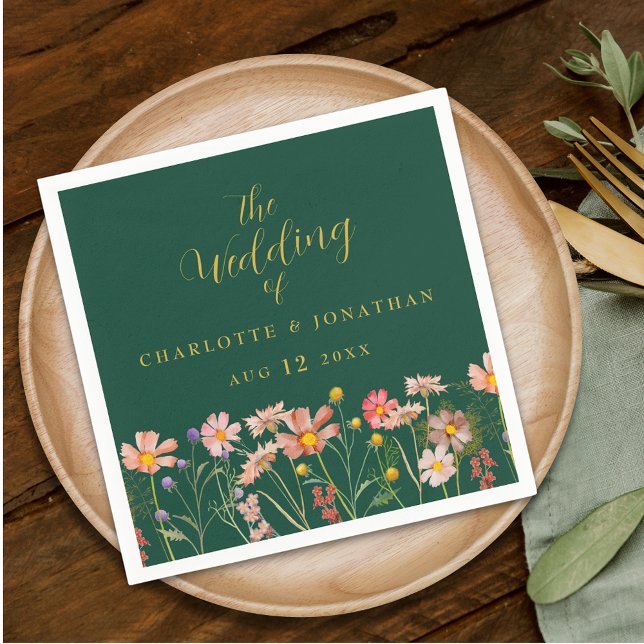 Guardanapo De Papel Wildflower Boho Floral Green Gold Wedding (Elegant Wildflower boho floral green & gold Wedding napkins watercolor meadow flowers)