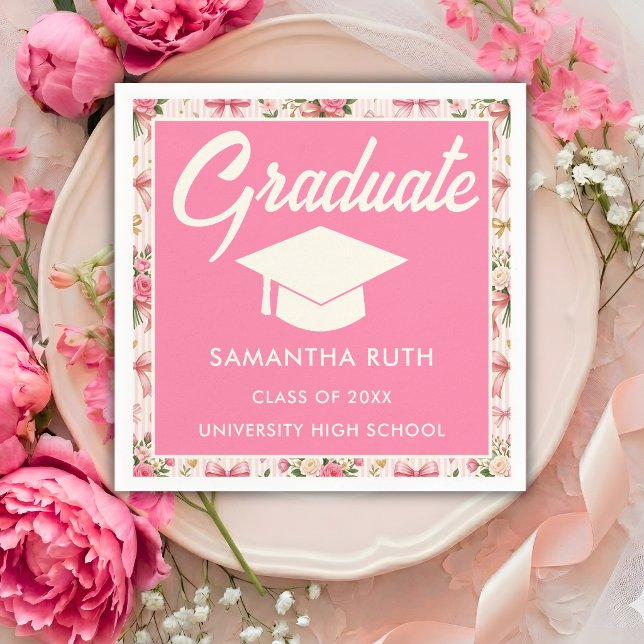 Guardanapo De Papel Wildflower Pink Striped Bows & Ribbons Graduation (Criador carregado)