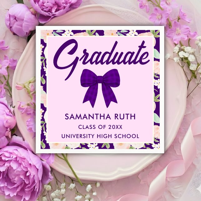 Guardanapo De Papel Wildflower Purple Gingham Bow Graduation Party (Criador carregado)