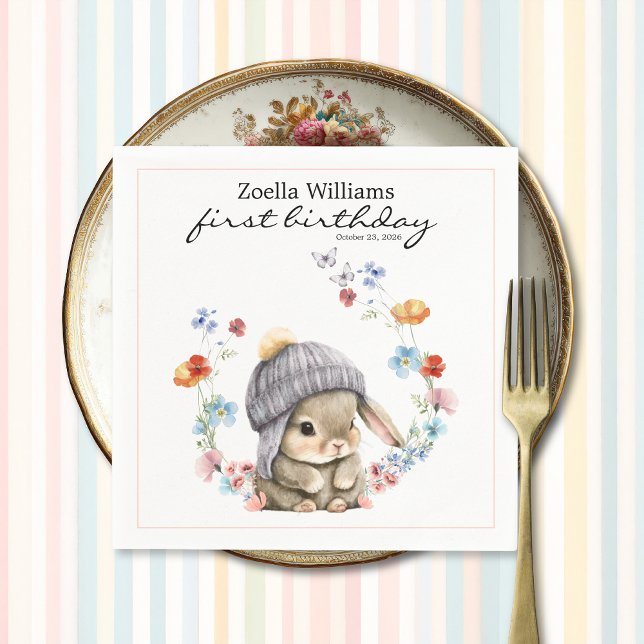 Guardanapo De Papel Wildflower Sweet Bunny 1st Birthday Party Napkin (Wildflower Sweet Bunny 1st Birthday Party Napkin 2)