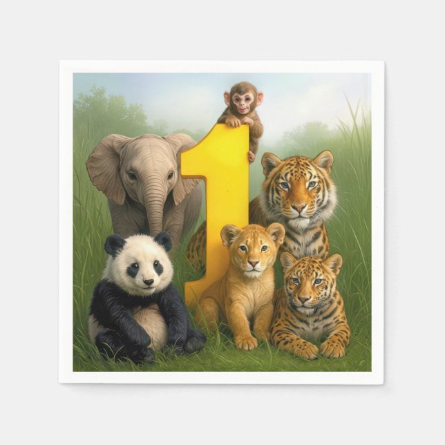 Guardanapo De Papel Wildlife Animal Babies With a Number One (Frente)