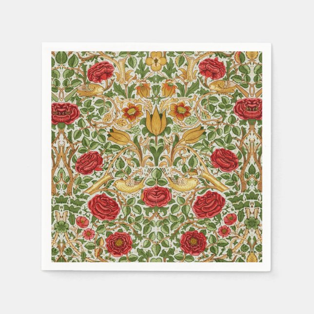 Guardanapo De Papel William Morris Rosa e Birds Chintz Red (Frente)
