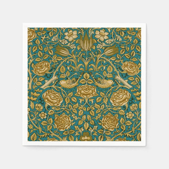 Guardanapo De Papel William Morris Tudor Rosa Patterno Ouro Azul (Frente)