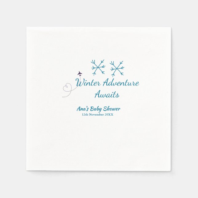 Guardanapo De Papel Winter Adventure awaits baby shower blue snowflake (Frente)