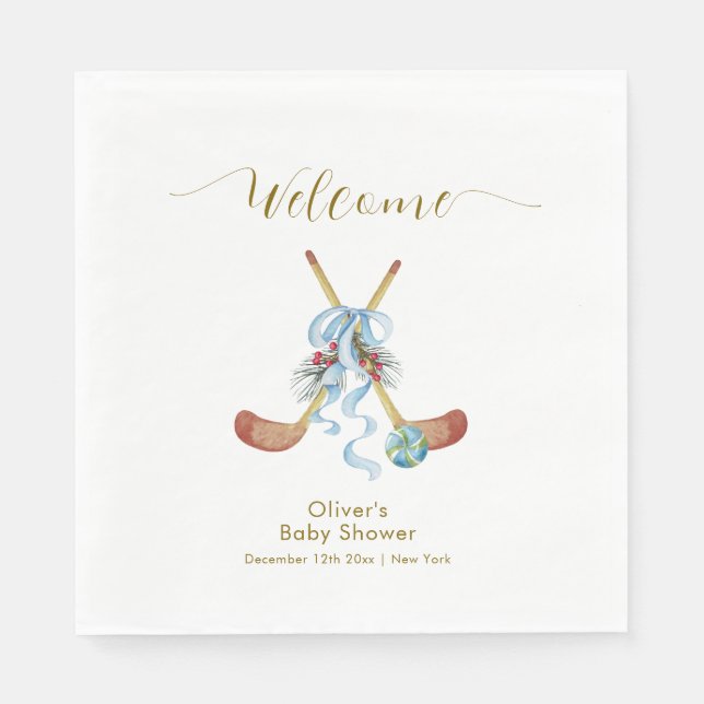 Guardanapo De Papel Winter All Star Hockey Baby Shower Welcome  (Frente)