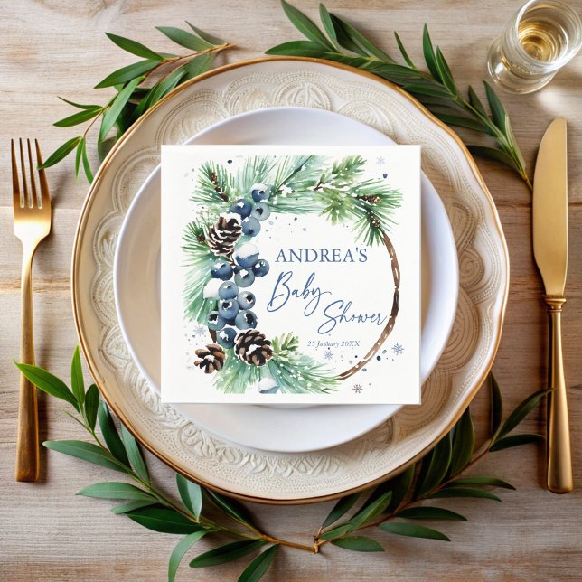 Guardanapo De Papel Winter baby shower pines wreath monogrammed (Winter baby shower pines pinecones wreath monogrammed printed napkins personalized decor)