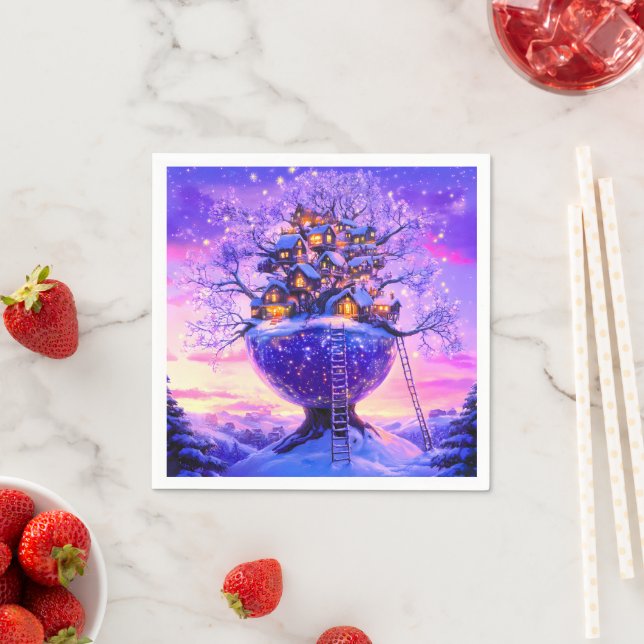Guardanapo De Papel Winter Fantasy Snowy Tree Village Landscape (Insitu)
