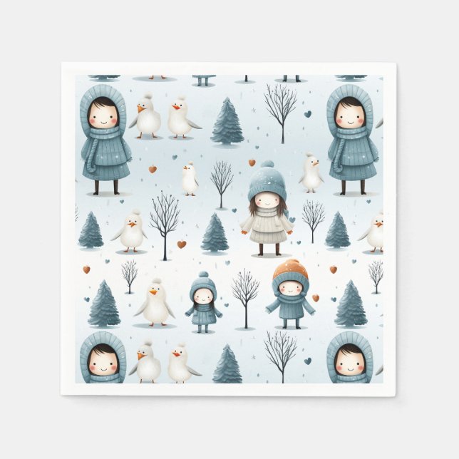 Guardanapo De Papel Winter Kids Playing (Frente)
