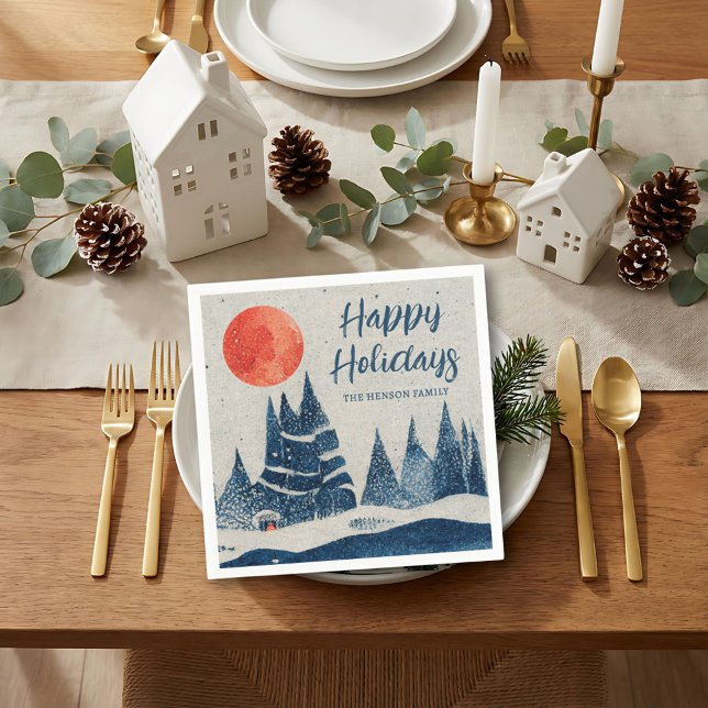 Guardanapo De Papel Winter Landscape Forest Moon Navy Blue Drawing  (Criador carregado)