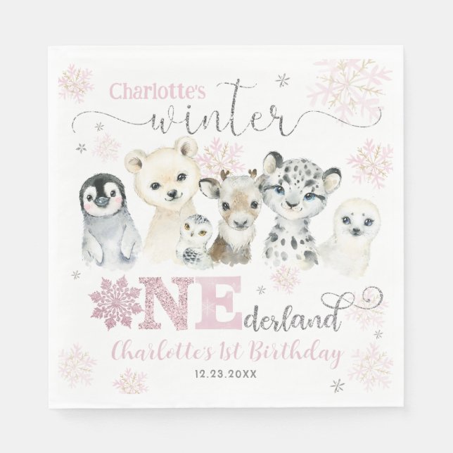 Guardanapo De Papel Winter Onederland Arctic Animals Snow 1st Birthday (Frente)