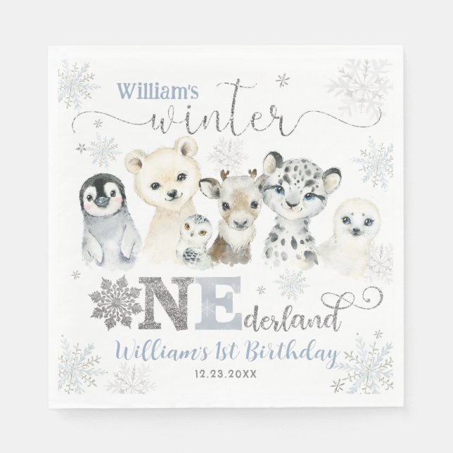Guardanapo De Papel Winter Onederland Arctic Animals Snow 1st Birthday (Frente)