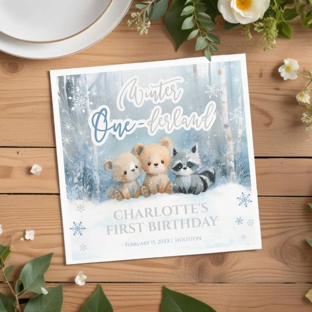 Guardanapo De Papel Winter Onederland Bear Blue First Birthday Party (Criador carregado)