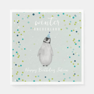 Guardanapo De Papel Winter Onederland Blue Birthday Penguin Confetti