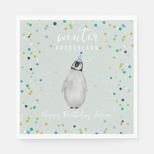 Guardanapo De Papel Winter Onederland Blue Birthday Penguin Confetti (Frente)