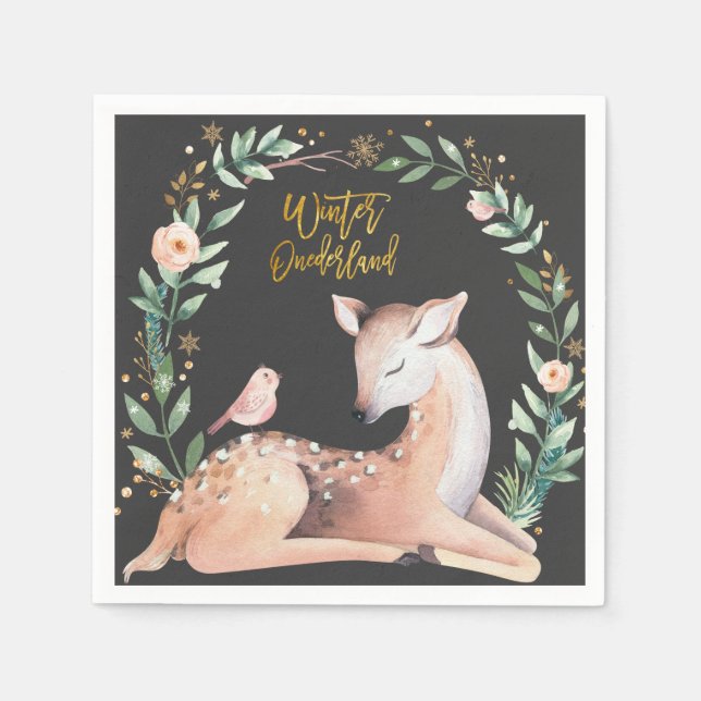 Guardanapo De Papel Winter ONEderland Dourado Deer Greenery Woodland (Frente)