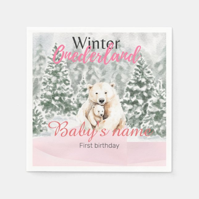 Guardanapo De Papel Winter Onederland First Birday Bear Snowy Forest (Frente)