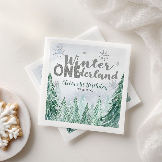Guardanapo De Papel Winter Onederland First Birthday Snowflakes Forest (Criador carregado)