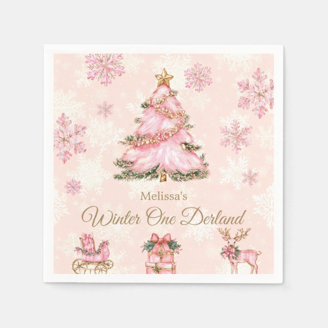 Guardanapo De Papel Winter Onederland Girl 1st Birthday Pink Snowflake (Frente)