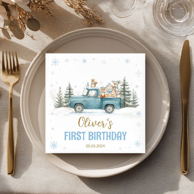 Guardanapo De Papel Winter Onederland Woodland Animals Birthday Napkin (Criador carregado)