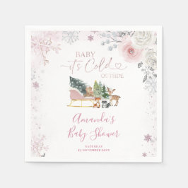 Guardanapo De Papel Winter Pastel Pink Snowflake Sleigh Baby Shower