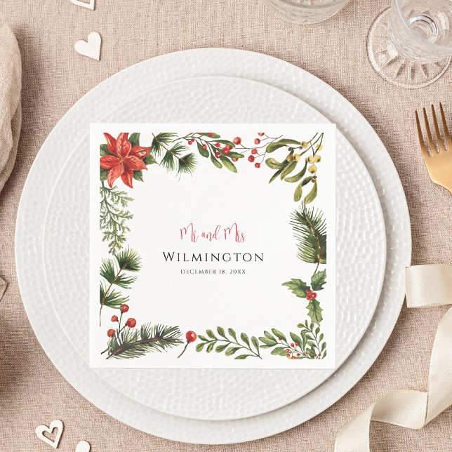 Guardanapo De Papel Winter Poinsettia Greenery Floral Wedding Paper (Christmas Greenery Red Berries Script Wedding Reception Paper Napkin)