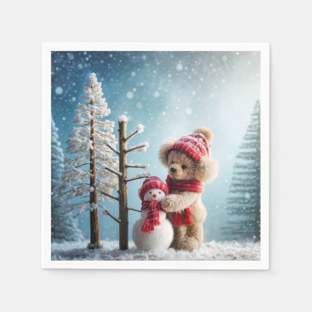 Guardanapo De Papel Winter Teddy Bear e Snowman (Frente)
