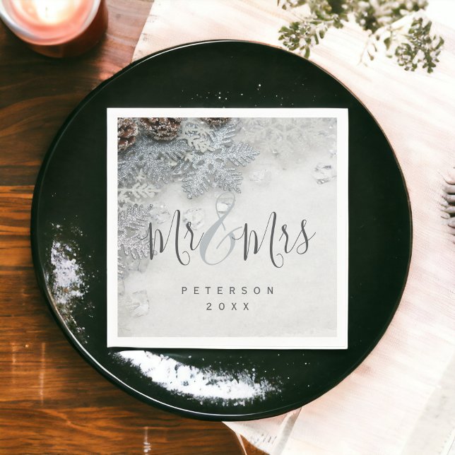 Guardanapo De Papel Winter Wendland Foto prateada de neve Sr & Sra. (Winter wonderland silver snow photo Mr & Mrs Napkins)