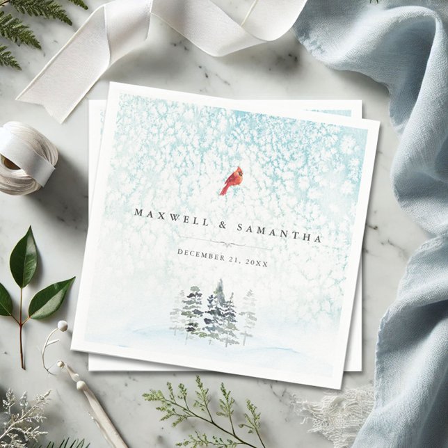 Guardanapo De Papel Winter Wonderland Wedding (Personalized winter wedding napkins watercolor country pine trees and snow in shades of blue)