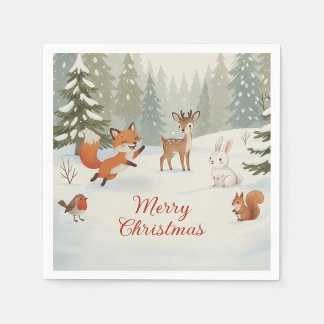 Guardanapo De Papel Winter Woodland Merry Christmas Forest Animals (Frente)