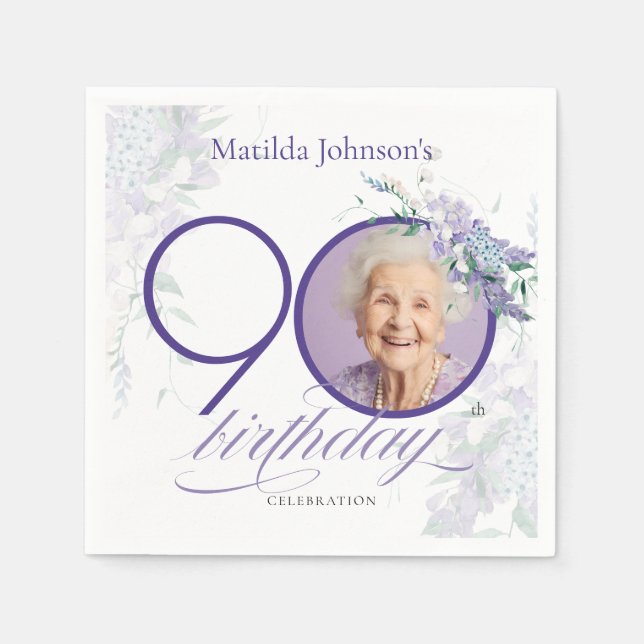 Guardanapo De Papel Wisteria Custom Photo Floral Purple 90th Birthday (Frente)