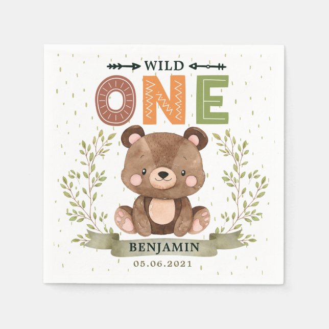 Guardanapo De Papel Woodland Baby Bear Wild Um Aniversário Napkins (Frente)