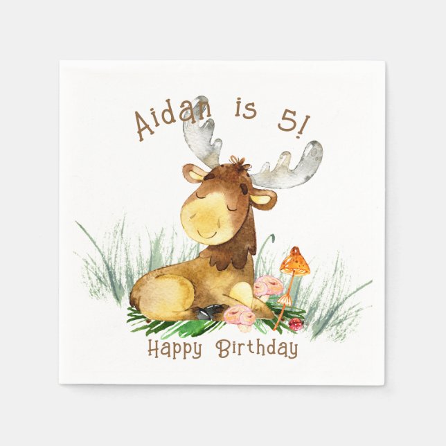 Guardanapo De Papel Woodland Forest Moose Cute Birthday (Frente)
