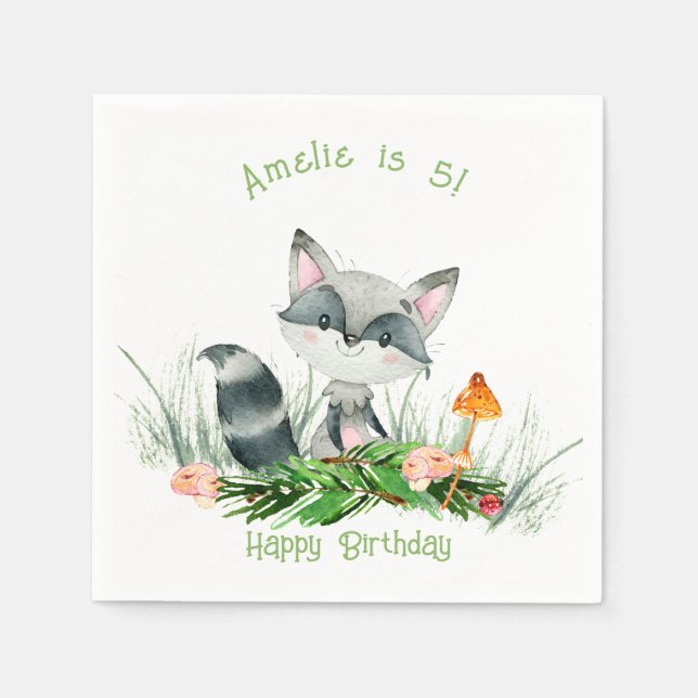 Guardanapo De Papel Woodland Forest Raccoon Cute Birthday Napkins (Frente)