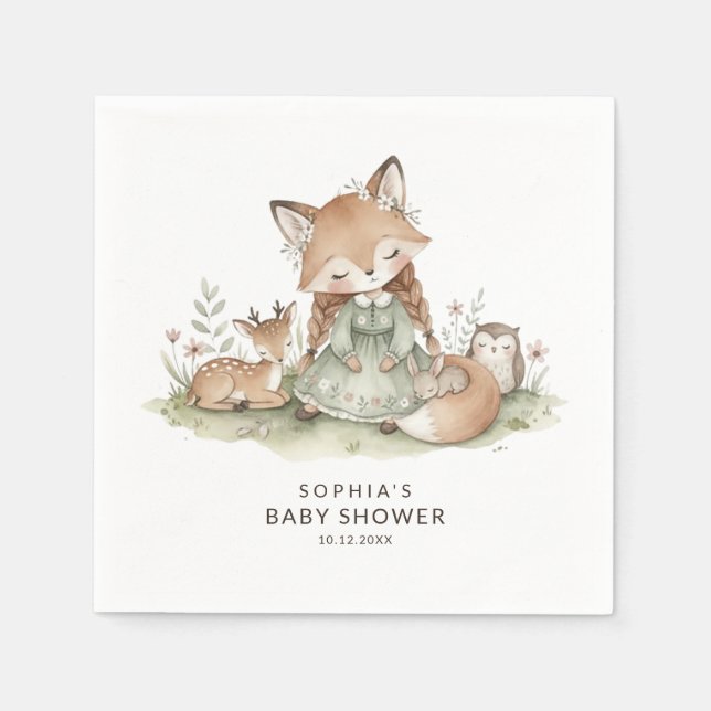 Guardanapo De Papel Woodland Fox Girl Baby Shower Paper Napkins (Frente)