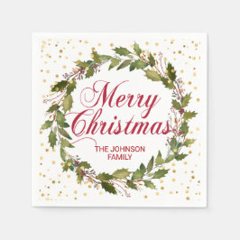 Guardanapo De Papel Wreath da Aquarela Natal Holly Dourado