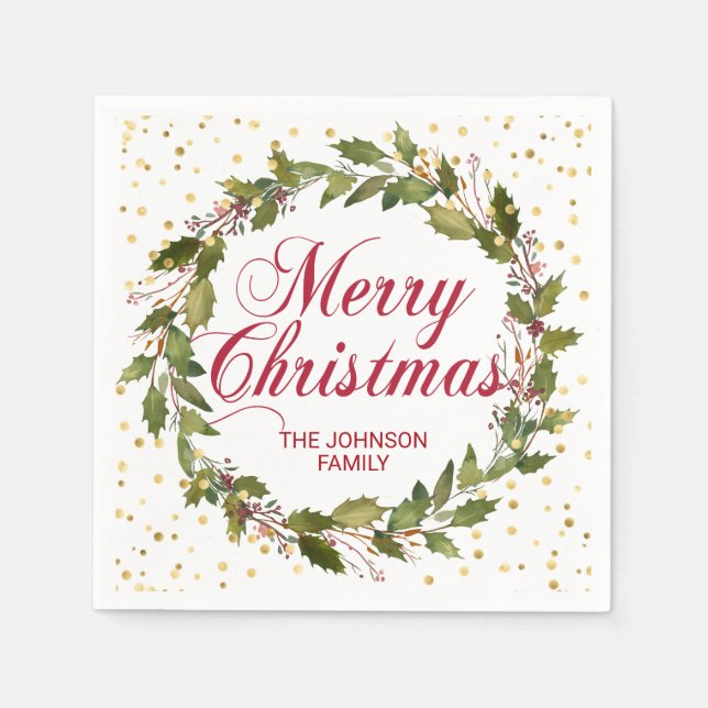 Guardanapo De Papel Wreath da Aquarela Natal Holly Dourado (Frente)