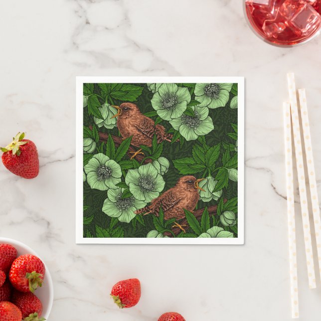 Guardanapo De Papel Wren e hellebord em verde escuro (Insitu)