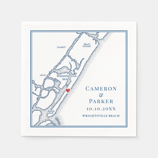 Guardanapo De Papel Wrightsville Beach NC Map Navy Elegant Wedding (Frente)