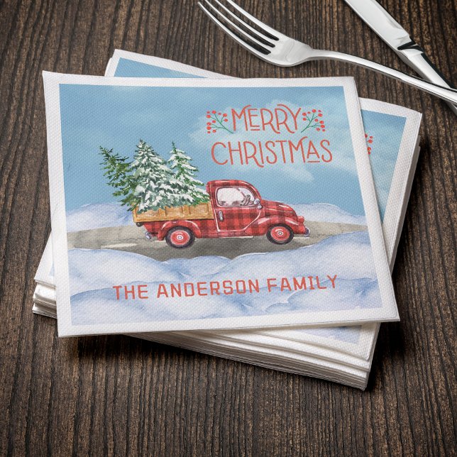 Guardanapo De Papel Xadrez de Aquarela Vermelha Neve Feliz Natal (Watercolor Plaid Red Truck Snow Merry Christmas Napkins
)