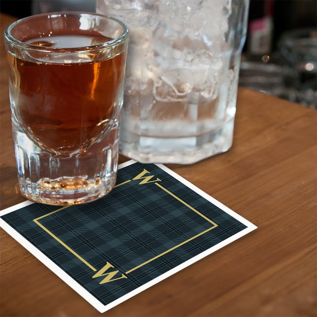 Guardanapo De Papel Xadrez Preto Elegante com Monograma em Dourado (Criador carregado)