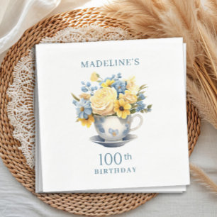 Guardanapo De Papel Xícara Amarela Flores Azuis 100º Aniversário