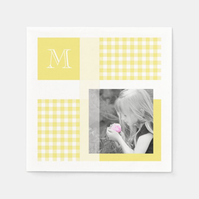 Guardanapo De Papel Yellow Add Your Photo Gingham Modern Monograma (Frente)