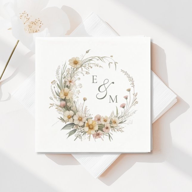Guardanapo De Papel Yellow and Sage Floral Wreath Wedding Napkin (Criador carregado)