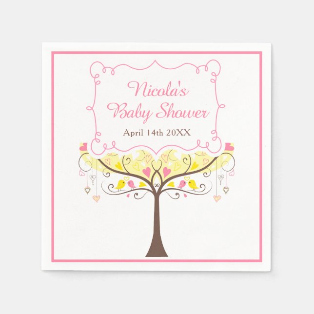 Guardanapo De Papel yellow Pink Floral Bird Baby Shower  (Frente)