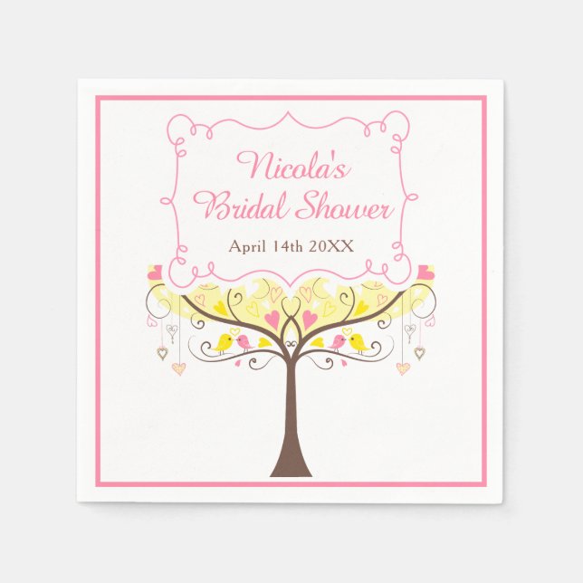 Guardanapo De Papel yellow Pink Floral Bird Bridal Shower  (Frente)