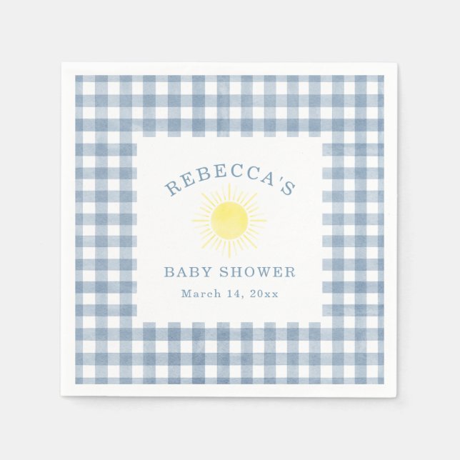 Guardanapo De Papel Yellow Sun Blue Gingham Boy Baby Shower (Frente)