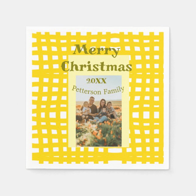 Guardanapo De Papel Yellow white plaid retro Christmas holiday family  (Frente)
